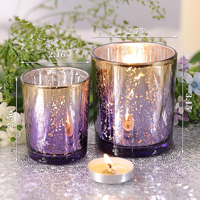 Volens 12pcs Assorted Purple Votive Candle Holders, Large Speckles Mercury Glass Votive & Tealight Candle Holder Bulk for Wedding Table Centerpiece, Purple and Gold Themed Party Decorations