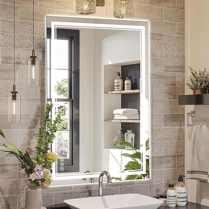 36''x24'' Lighted Mirrors for Bathroom Wall Backlit + Front Lit, Rectangular LED Bathroom Mirror Frameless with Lights Anti Fog, Dimmable, 3 Colors,Tempered Glass, Shatter-Proof (Color 1,)