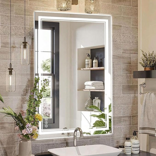 36''x24'' Lighted Mirrors for Bathroom Wall Backlit + Front Lit, Rectangular LED Bathroom Mirror Frameless with Lights Anti Fog, Dimmable, 3 Colors,Tempered Glass, Shatter-Proof (Color 1,)