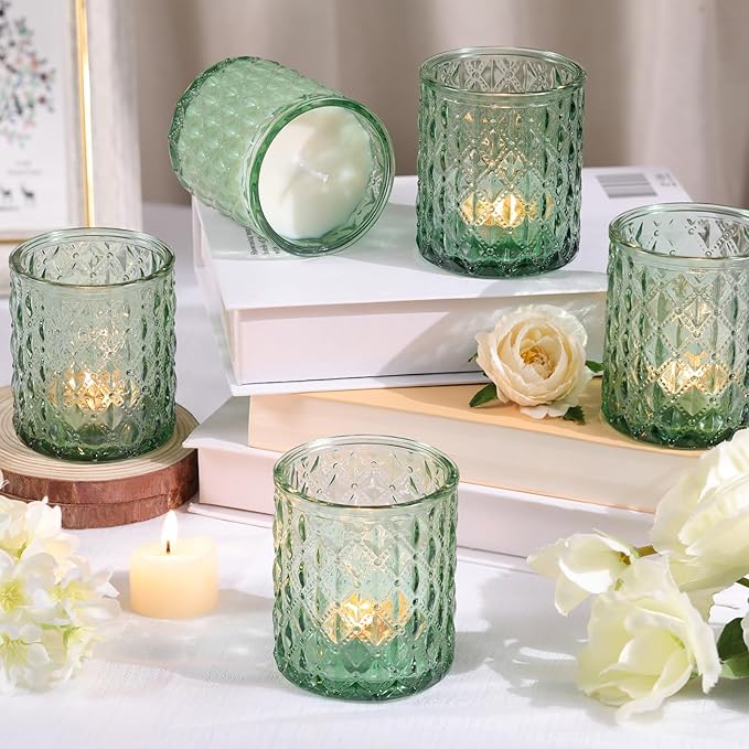 12Pcs Large Votive Candle Holders 2.8 * 3.2in Green Tea Light Candle Holders Glass Candle Holder for Bridal Shower, Wedding, Table Centerpiece, Party, Home Decor