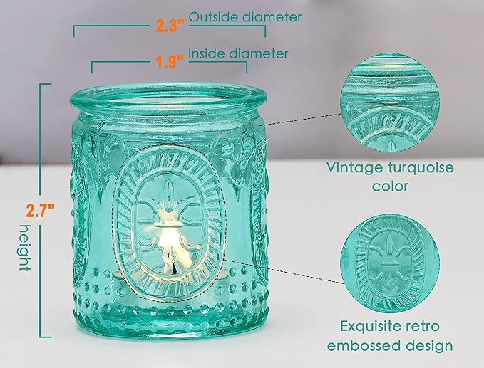 Blue Votive Candle Holders Set of 12, Vintage Blue Tealight Candle Holders, Teal Candle Holder for Wedding Home Decor, Embossed Candle Votives for Bridal Shower Decor/Thanksgiving/Christmas