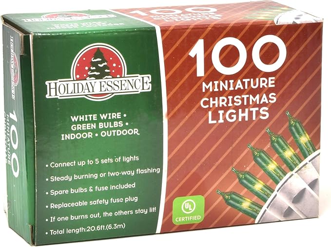Holiday Essence 100 Green Christmas St. Patrick's Day Light Set, 20.6 Feet White Wire Indoor Outdoor