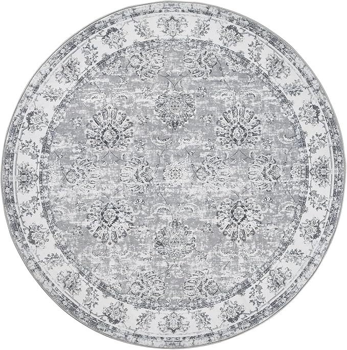 jinchan Round Rug 7ft Area Rug - Grey Vintage Floor Mat Kitchen Indoor Ultra-Thin Soft Floral Print - Washable Circle 7' Retro Accent for Farmhouse Non Slip Dining Room Living Room Bedroom Office