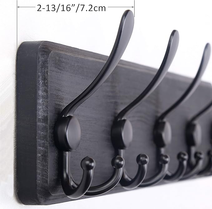 WEBI Rustic Coat Rack Wall Mount,Wood Coat Hooks Wall Mounted Coat Hanger,16" Hole to Hole,Hook Rack Rail,5 Triple Hooks for Hanging Coats,Hats,Jacket,Clothes,Entryway,Black,2 Packs