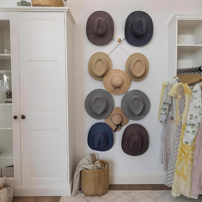 SKOLOO Hat Rack for Wall with 11 Hooks, 24 inch Solid Wooden, Modern, Huge Coat Rack Wall Mount for Coats, Hats, Bags, Cowboy Caps, Baseball Caps, Natural on White
