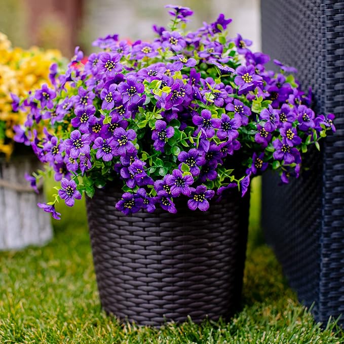 Artificial Flowers for Outdoors Fake Plants - 16 Bundles Fake Plants UV Resistant No Fade Faux Plastic Greenery Home Garden Porch Patio Decoration Office Indoor (Purple)