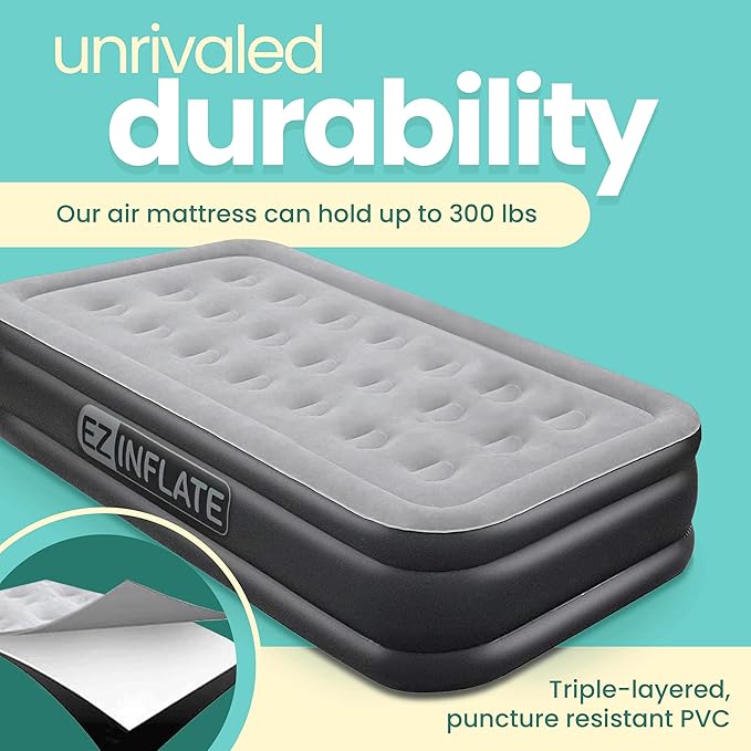 EZ INFLATE Air Mattress with Built in Pump - Twin Size Double-High Inflatable Mattress with Flocked Top - Easy Inflate, Waterproof, Portable Blow Up Bed for Camping & Travel