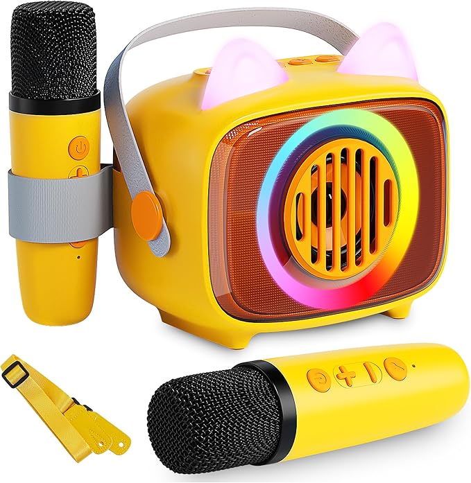 BIGASUO Karaoke Machine for Kids, Mini Portable Bluetooth Speaker with 2 Wireless Microphones and LED Lights, Kids Toys Ideal Gifts for Girls & Boys Birthday Home Party