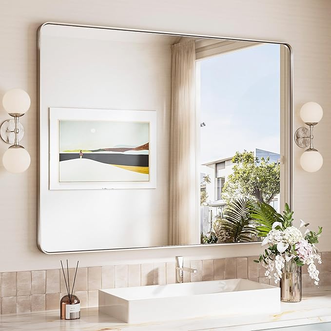 TokeShimi 48x36 Brushed Nickel Bathroom Mirror for Over Sink,Tempered Glass,Rectangle Mirror for Bathroom,Large Bathroom Mirror for Vanity(Horizontal/Vertical)