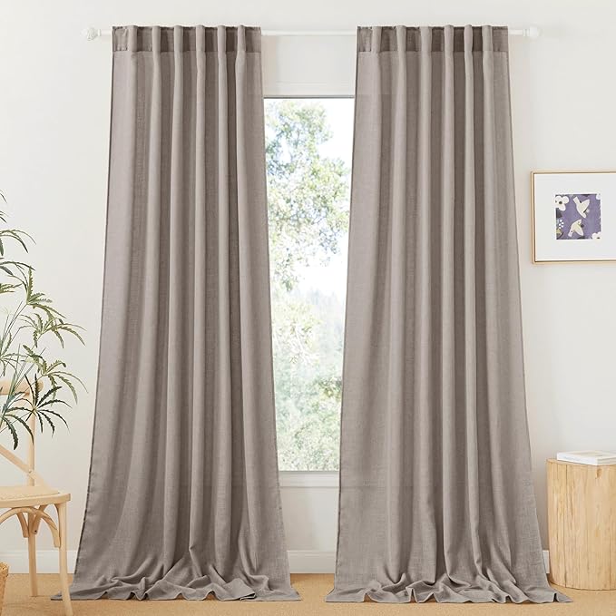 RYB HOME Extra Long Sheer Curtains - Linen Textured Privacy Semi Shears for Sliding Glass Door Hotel High Ceiling Window Living Room, Birch Brown, W 52 x L 108 inches Long, 1 Pair
