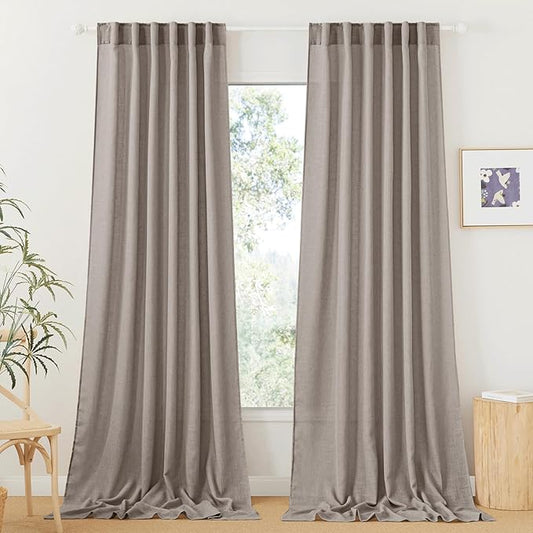 RYB HOME Linen Curtains for Bedroom - Light Airy Semi Sheer Curtains Large Window Decor for Living Room Sun Room Sliding Glass Door, Birch Brown, 52 inch Wide x 102 inch Long, 1 Pair
