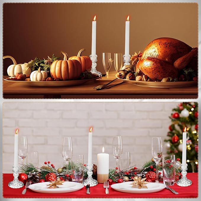 Suclain 24 Pcs Glass Taper Candle Holder Sets 12 Candlestick Holder with 12 White Long Candles for Wedding Party Decor Dinner Decoration(Clear)