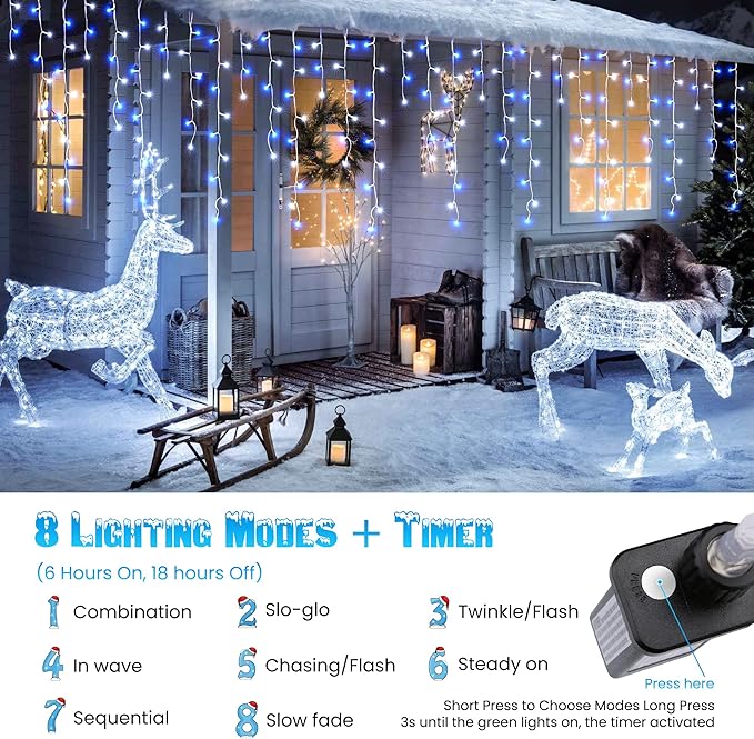 Toodour White & Blue Christmas Icicle Lights, 29.5ft 360 LED Icicle Lights, 8 Modes, 60 Drops, Window Curtain Led Christmas Light, Icicle Twinkle Light for Eaves, Party, Wedding, Xmas Decorations