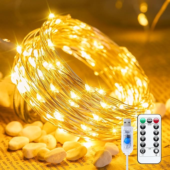 Fairy Lights with Remote, 66ft 200 LED USB Powered Twinkle Lights with Timer, Waterproof Silver Wire String Lights for Indoor Outdoor Wreath Wall Dorm Bedroom Mason Jar Christmas Tree Decoration