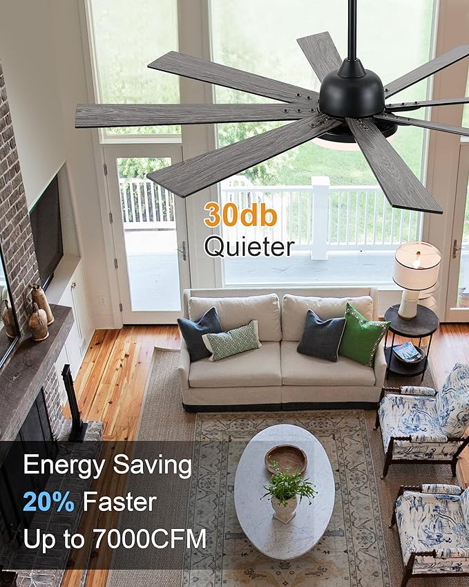 62 Inch Ceiling Fans with Lights,Large Modern Ceiling fan with Remote and 8 Wooden Blades,Dimmable,6 Speeds,Noiseless Reversible Indoor&Outdoor Fan for Bedroom,Patio,Living Room