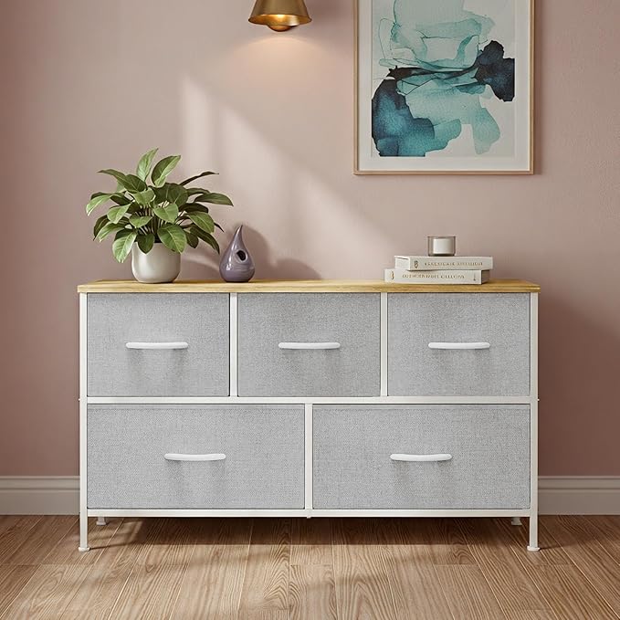OLIXIS Dresser for Bedroom with 5 Drawers, Wide Chest of Drawers, Fabric Bedroom Dresser with Drawer Organizer, Storage Organizer Unit with Fabric Bins for Closet, Living Room, Hallway, Classic Black
