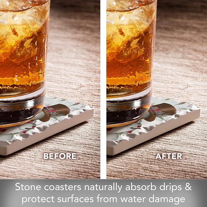 Thirstystone Brown Hat Snowman 4 Pack Assorted Tumbled Tile Stone Coasters with Protective Cork Backing 4" Square Manufactured in The USA