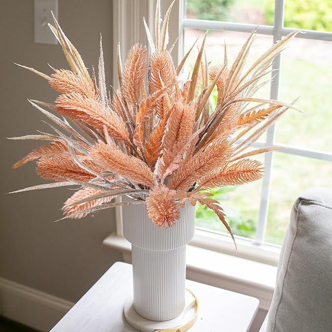 7 PCS Artificial Fall Stem Fake Plants, 26 in Fake Leaves Autumn Greenery Branches Orange Flowers Faux Foliage DIY Stems for Vase Thanksgiving Home Kitchen Office Indoor Centerpiece Table Decoration