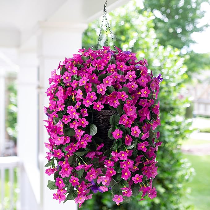 Artificial Faux Silk Hanging Flowers Plants Baskets for Outdoor Outside Spring Summer Decoration, Fake UV Resistant Look Real Fuchsia Orchid Trailing Vines for Porch Patio Home