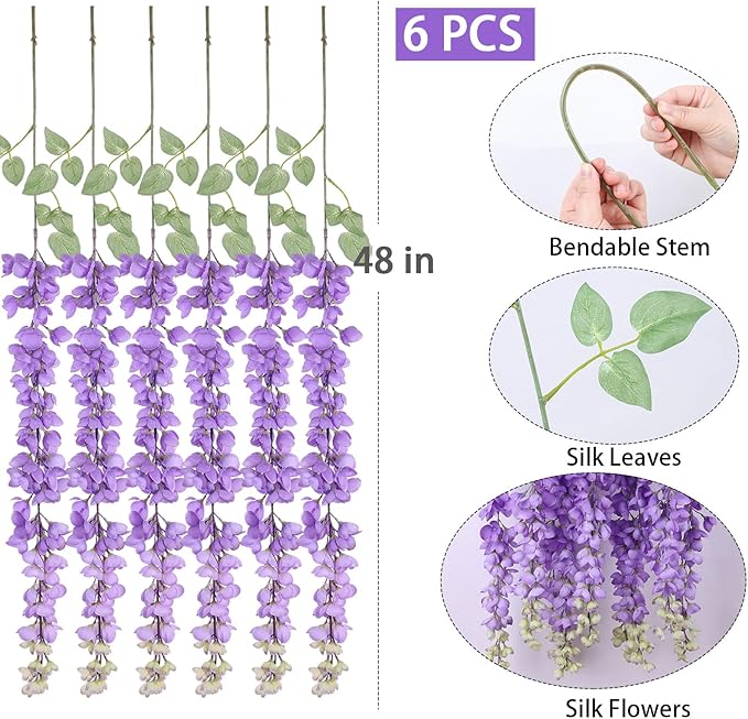 mizii 6Pcs Purple Wisteria Hanging Flowers 48" Silk Wisteria Artificial Flowers Garland Vines Fake Hanging Flowers Decoration for Wedding Flower Wall Backdrop Centerpieces Party Room Decor (Purple)