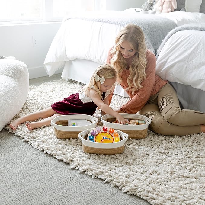 NaturalCozy 5-Piece Rectangle Storage Basket Set- Natural Cotton Rope Woven Baskets for Organizing! Small Basket for Montessori, Baby Nursery, Dog Toy Baskets, Cat Toy Box, Bathroom Organization Bin