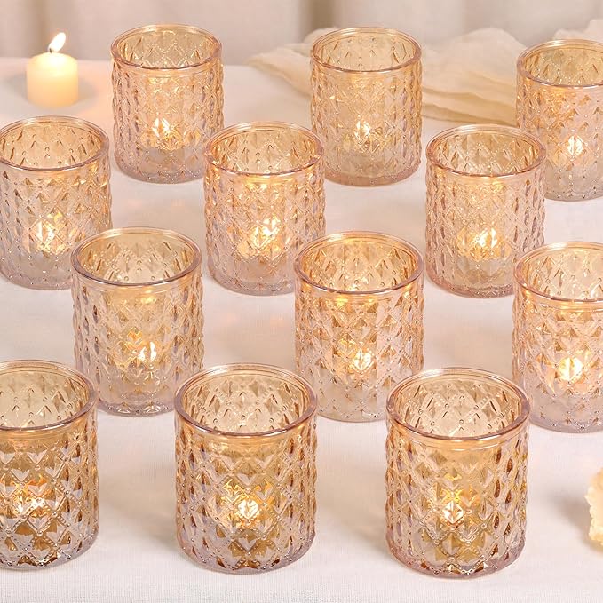 12Pcs Large Votive Candle Holders 2.8 * 3.2in Gold Tea Light Candle Holders Glass Candle Holder for Wedding, Bridal Shower, Table Centerpiece, Party, Home Decor