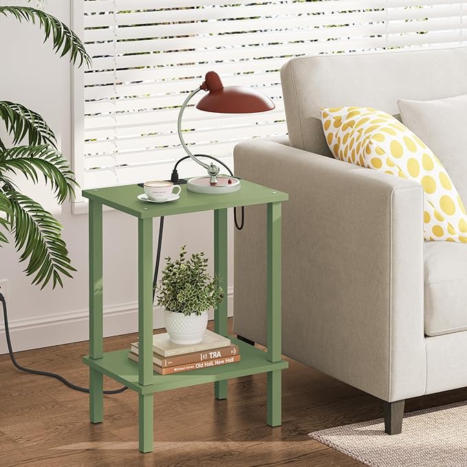 TUTOTAK End Table with Charging Station, Set of 2, Small Side Table with Outlets, Nightstand Bedside Table, 2-Tier Storage Shelf for Small Space, Living Room, Bedroom Olive Green TB01BOG041