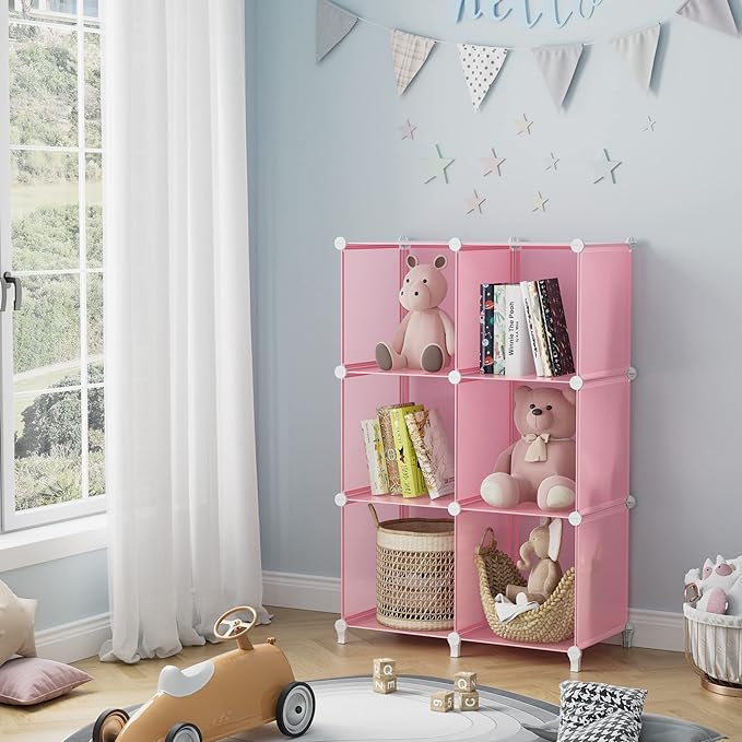 HOMIDEC 6-Cube Storage Shelf, Storage Bookcase Bookshelf with Metal Hammer, Storage Cubes Organizer Cabinet for Kids, Closet, Bedroom, Bathroom, (11.8x11.8x11.8 inch), Light Pink