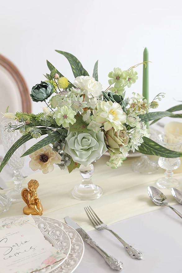 Forest Green Artificial Flowers Combo Box Set Silk Flowers Fake Rose for DIY Floral Arrangements Wedding Bouquets Centerpieces Baby Shower Party Home Decorations