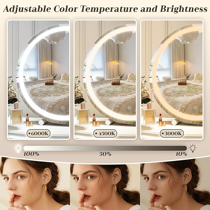 Vanity Makeup Mirror with Lights, 18 Inch LED Makeup Mirror, Lighted Vanity Mirror with Lights, Smart Touch Control 3 Colors Dimmable Round Mirror, Tabletop ＆ Desk Mirror, 360°Rotation (White)