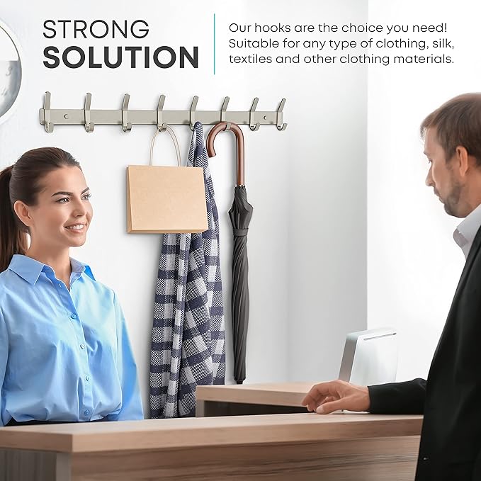 Coat Rack Wall Mount – Brushed Nickel 24 Inch Stainless Steel Hook Rail with 8 Heavy Duty Double Coat Hooks – Wall Mounted Coat Hanger for Entryway, Bathroom, Bedroom, Towel, Hat Organizer