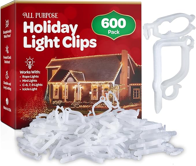 All-Purpose Holiday Light Clips [Set of 600] Christmas Light Clips, Outdoor Light Clips - Mount to Shingles & gutters - Works with Mini, C6, C7, C9, Rope, Icicle Lights - No Tools Required - USA Made