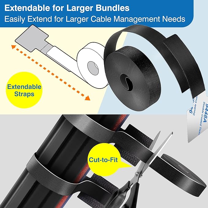 Cable Management Kit – 40 Self-Adhesive Hook & Loop Cable Ties with 2 Extension Straps, Strong Adhesive Cord Organizer for Desk, Wall, Home & Office – Adjustable Wire Holders (Black)