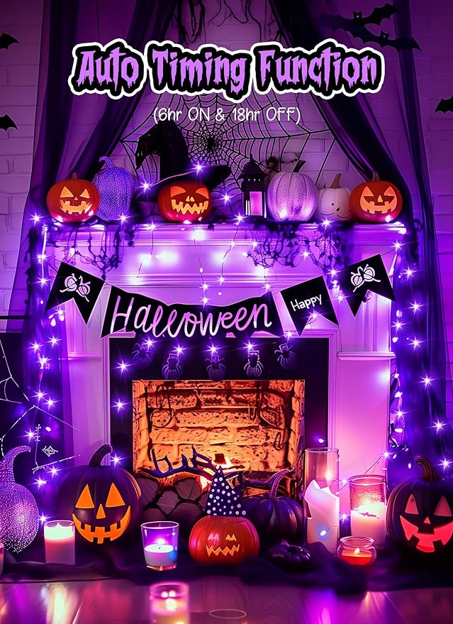 Minetom Halloween Fairy Lights, 33Ft 100 LED Battery Operated Fairy Lights, Waterproof Copper Wire Mason Jar Lights for Home Party Ghost Haunted House Indoor Outdoor Halloween Decorations, Purple
