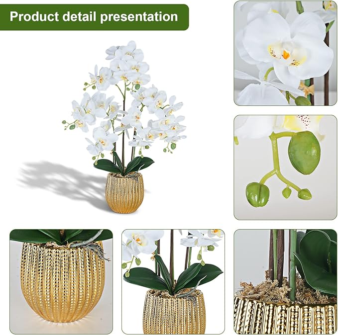 Ziwon Artificial Orchid Flowers & Plants Potted in Ceramic Pot, White Faux Phalaenopsis Orchids for Table Centerpiece, Realistic Fake Flower Arrangement for Home Office Decor Indoor