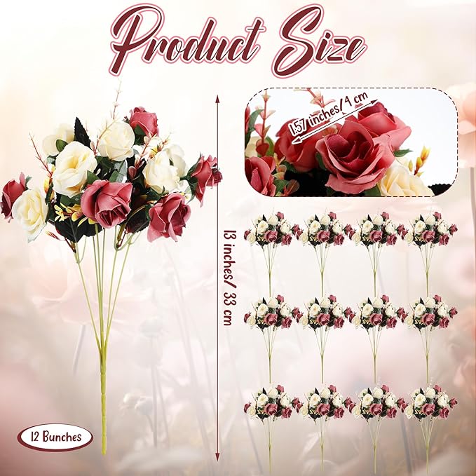 Hotop 12 Bunches of Artificial Flowers Centerpiece 13 Inches Silk Faux Roses Bouquets for Table Decoration Realistic Bouquet Arrangement Boho Faux Flowers for Wedding (Coffee)