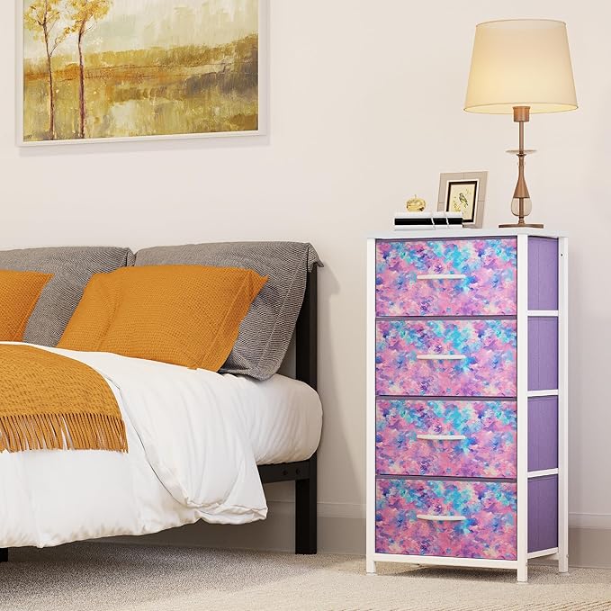 YITAHOME Dresser with 4 Drawers - Storage Tower Unit, Dresser for Living Room, Closets - Sturdy Steel Frame, Wooden Top & Easy Pull Fabric Bins, Purple