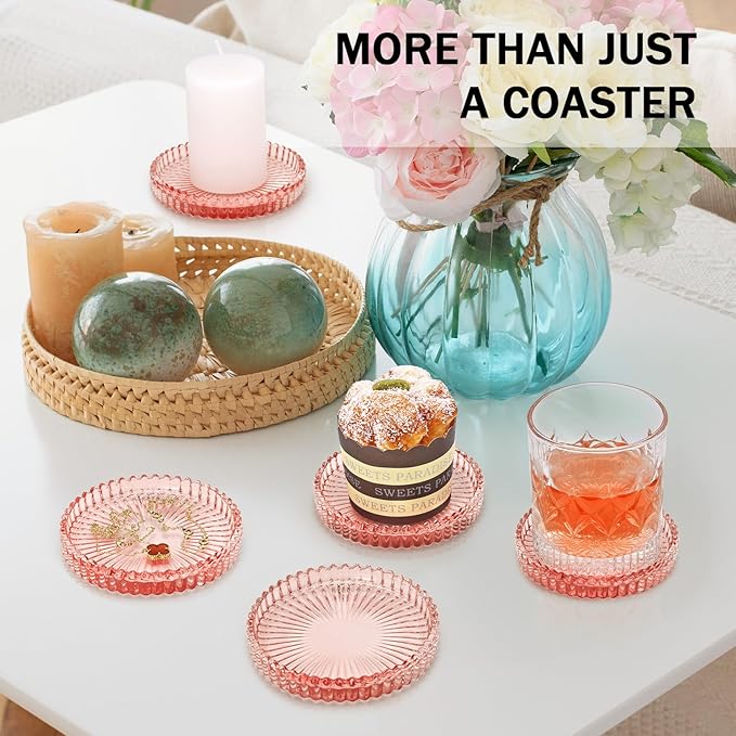 Glass Candle Holders, GOH DODD Set of 8 Crystal Pillar Plates Modern Coasters for Drinks, Centerpiece, Home Decor, Kitchen, Living Room, Patio, Wedding, Halloween, Christmas, Party, Clear Brown