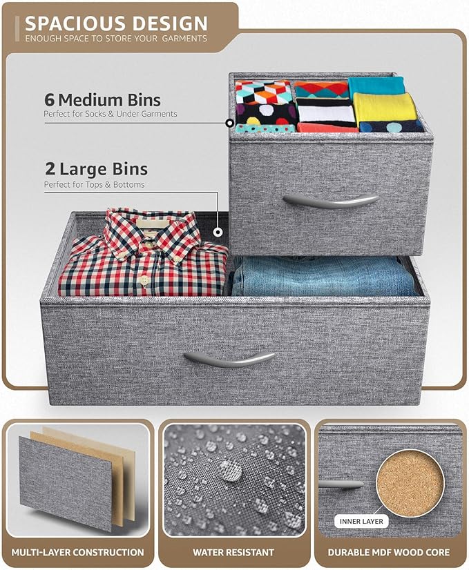 Sorbus Dresser with 8 Drawers - Chest Organizer Unit with Steel Frame Wood Top & Handle Easy Pull Fabric Bins for Clothes - Wide Storage Furniture for Bedroom, Hallway, Living Room, Nursery & Closet
