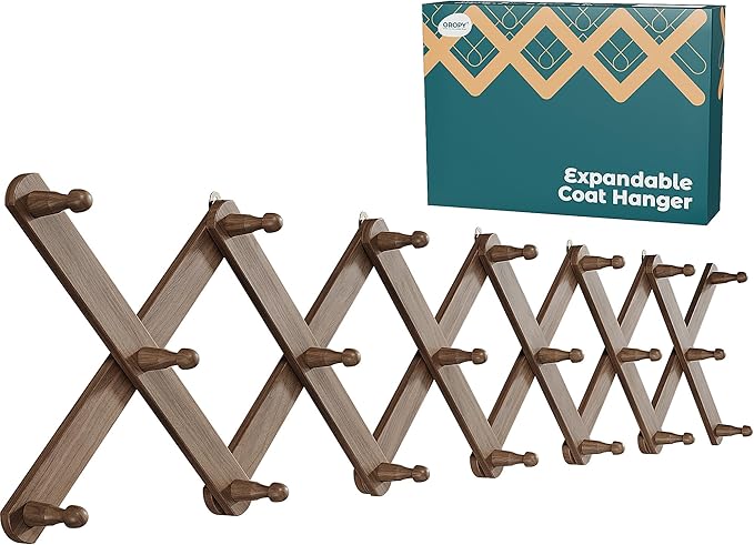 OROPY Wood Accordion Wall Hanger, Expandable Coat Rack Wall Mount with 20 Pegs, Expanding Hat Rack for Wall Walnut Color