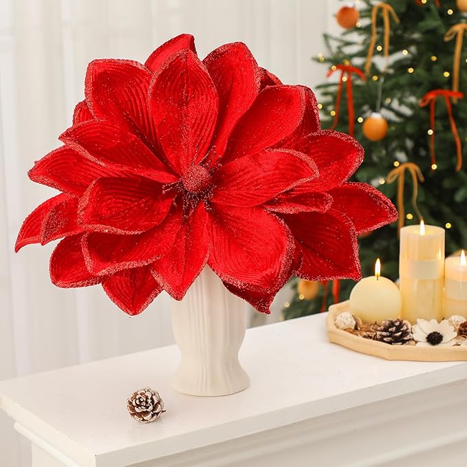 8 Pcs Large Christmas Flower Magnolia Flowers Christmas Tree Decoration Artificial Poinsettia Stems Velvet Xmas Ornaments for Xmas Tree Table Decor (Burgundy,16 Inch)