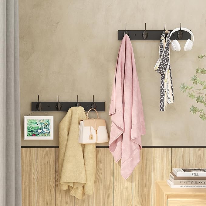 Coat Hooks Wall Mounted, Wooden Hat Rack with 4 Hooks for Entryway, Bathroom,Bedroom(Black)