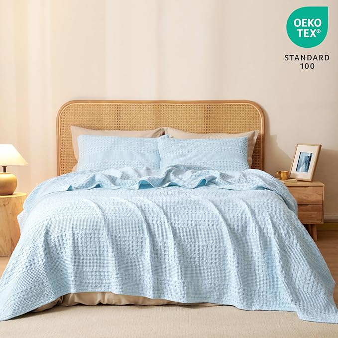 PHF 100% Cotton Waffle Weave Blanket King Size for Bed, Soft Lightweight & Breathable, All-Season Comfort, Luxury Aesthetic Woven Bedding for Home Decor, 108"x90", Baby Blue