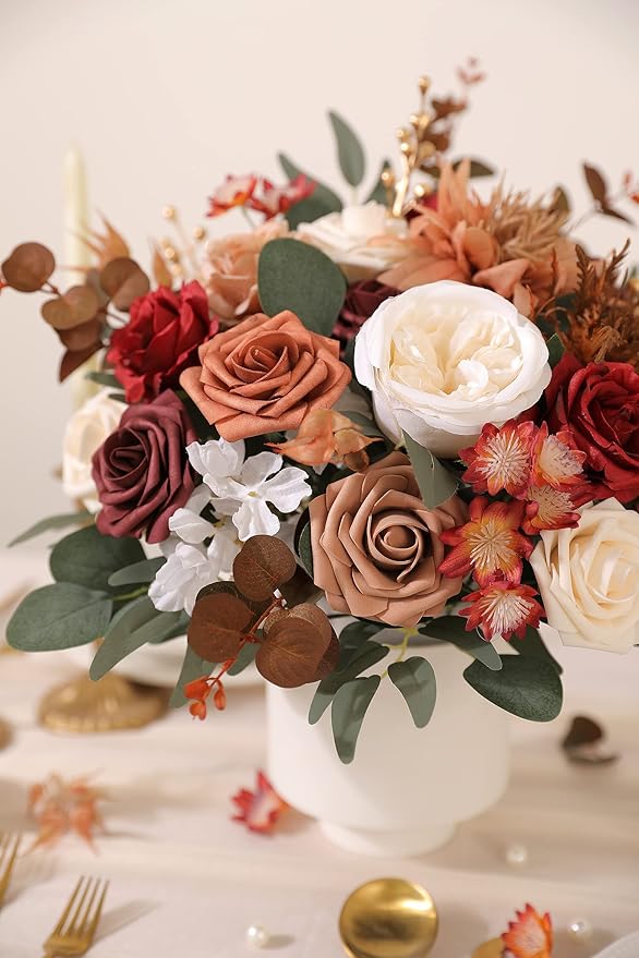 Artificial Flower Box Set Silk Fake Flowers for DIY Wedding Hand Bouquet Flower Arrangement Bouquet Centerpiece Decorations Baby Shower Party Home Decorations (Burgundy)