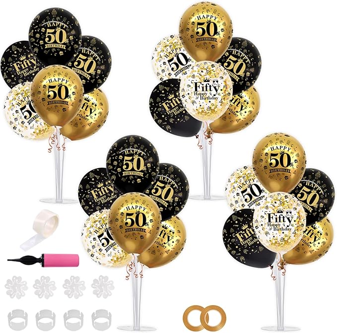 TONIFUL 4 Set Black Gold Balloon Stand Kit for Birthday Decorations for 50th,Balloon Centerpieces for Table Party Decorations Cheers to 50 Years Old Birthday for Men and Women
