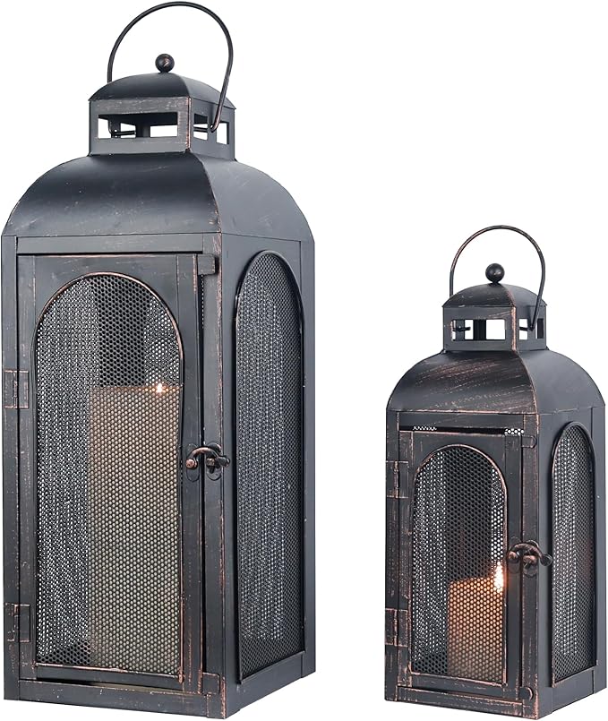 DECORKEY Luxury Lantern Decorative Outdoor & Indoor, Set of 2 (19’’&13’’) Metal Candle Lanterns Decor, Vintage Hanging Candle Holder for Front Porch Patio Wedding Farmhouse Home, Christmas Decorations