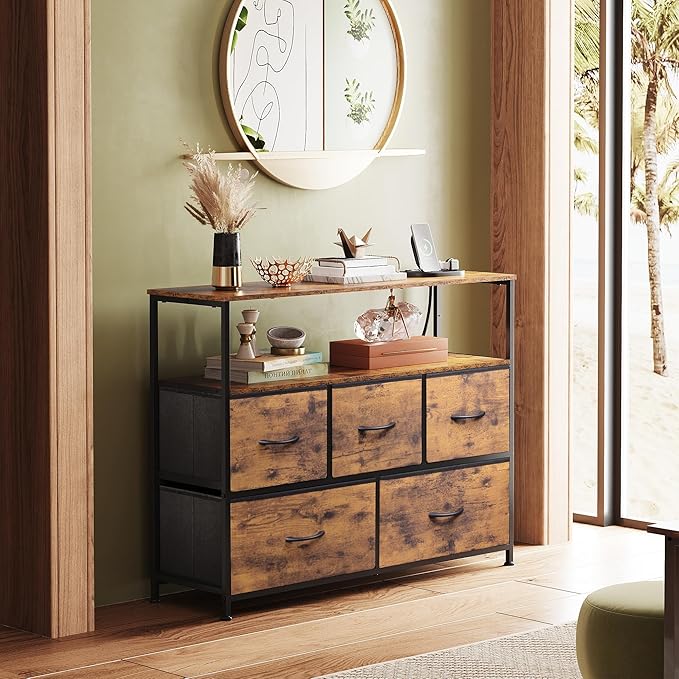 WLIVE Dresser for Bedroom, 5 Drawer Dressers with Charging Station, Fabric Chest of Drawers with Open Shelves, Storage Dresser for Living Room, Closet, Entryway, Rustic Brown Wood Grain Print