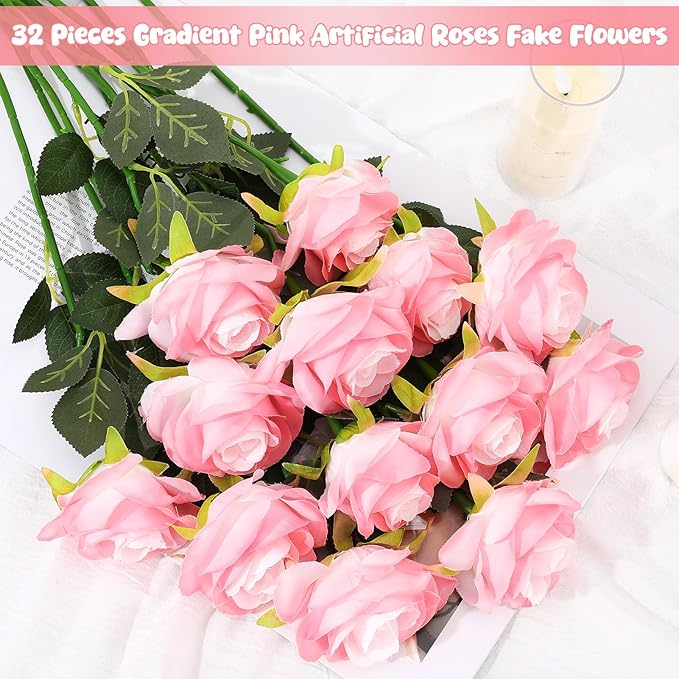 32 Pcs Light Pink Artificial Flowers Bulk, 20" Silk Gradient Blush Pink Real Touch Roses for DIY Wedding Bridal Bouquets, Centerpieces, Home Decor
