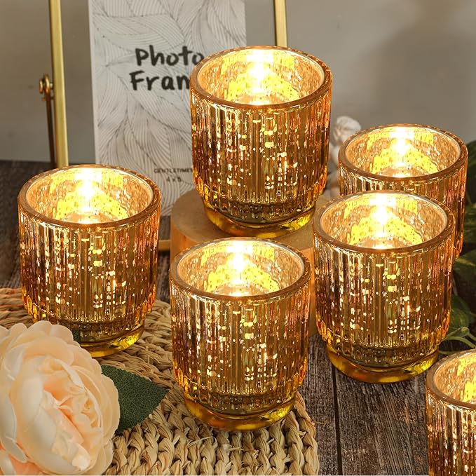 Gold Mercury Glass Votive Candle Holders Set of 6, Wedding Party Candlestick, Elegant Table Centerpiece Candles,Gold Tealight Candle Holders Set, Festive Holiday Home Decor