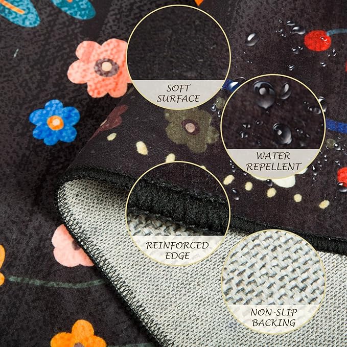 Floral 8x10 Area Rug Machine Washable Soft Print Boho Carpet Non Slip Doormat Low Pile Flower Area Rugs for Living Room Bedroom Nursery Kitchen Dining Room Indoor-Black